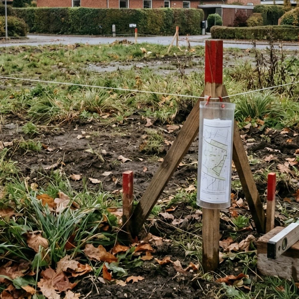 Pæl med opmålingstegning markerer afgrænset byggegrund i græs og jord ved vej.