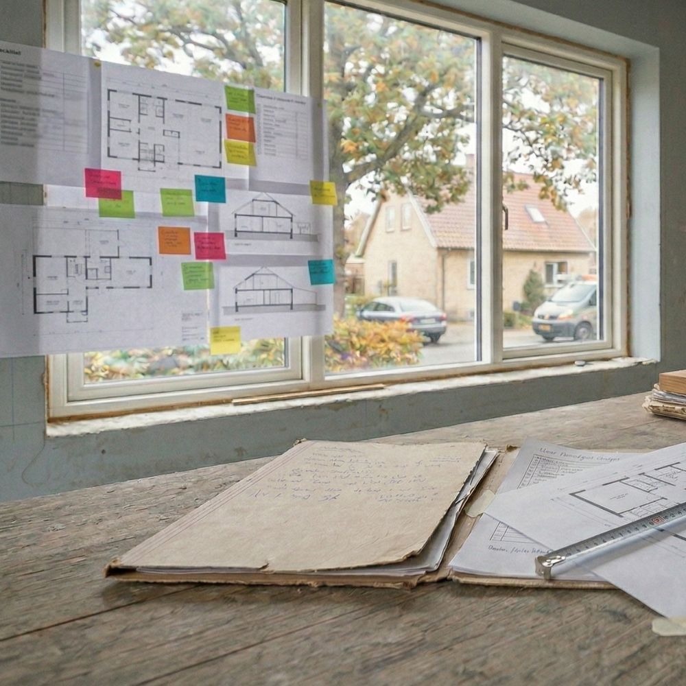 Tegninger og post-its hænger i vinduet; på bordet ligger papirer og en pen til planlægning ved dagslys.