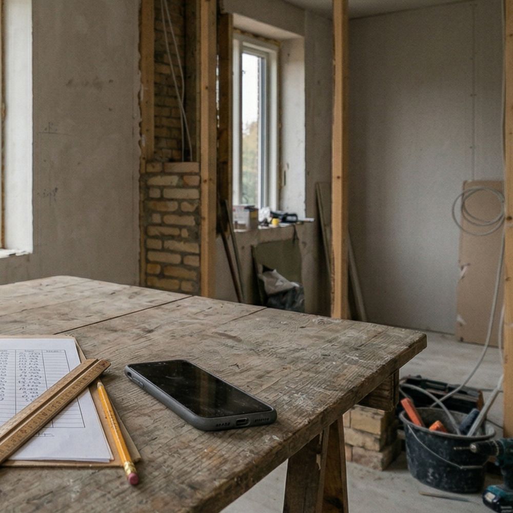 Arbejdsværelse under renovering med træskelet, værktøj og spand; telefon, blyant og lineal på bordet.