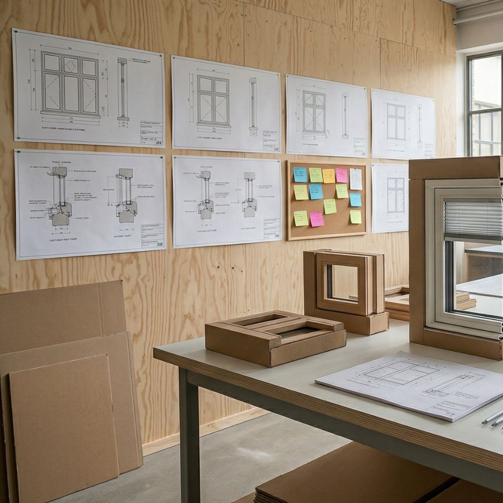 Væg med byggetegninger og post-its over arbejdsbord med vinduesmodeller og tekniske skitser.