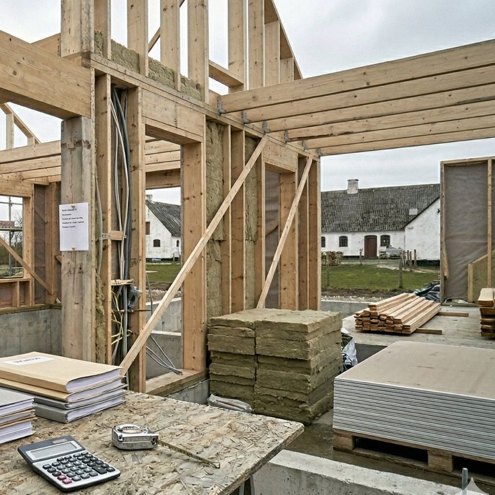 Træskelet af hus under opførelse med isoleringsbatts og byggematerialer stablet på gulvet.