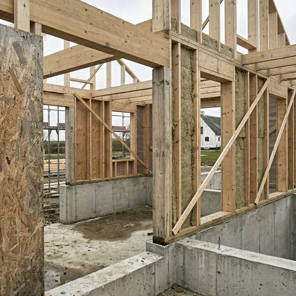Træskelet til hus under opførelse på betonfundament, med synlig isolering i vægge og åbne vinduesrammer.