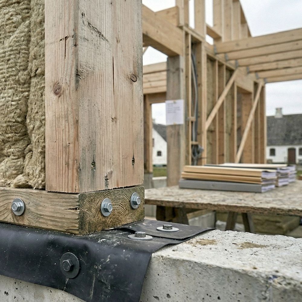 Trækonstruktion under opførsel, med stolpe boltet fast til betonfundament med beslag.