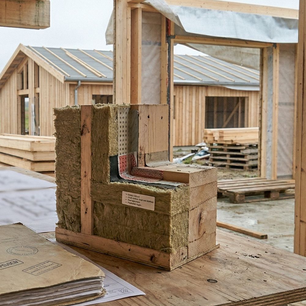 Udsnit af vægelement med isolering og dampspærre på byggeplads, med træhuse under opførelse i baggrunden.