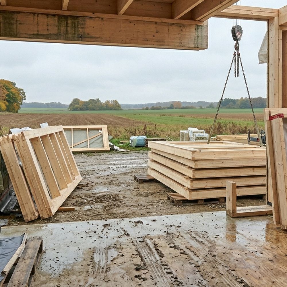 Træelementer løftes med kran på byggeplads ved åbent hus i råkonstruktion med udsigt til marker.