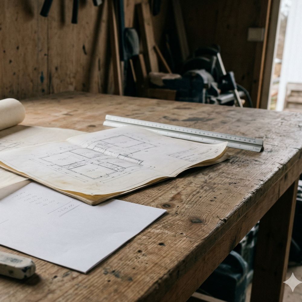 Byggetegninger og lineal på slidt træarbejdsbord i et værksted.