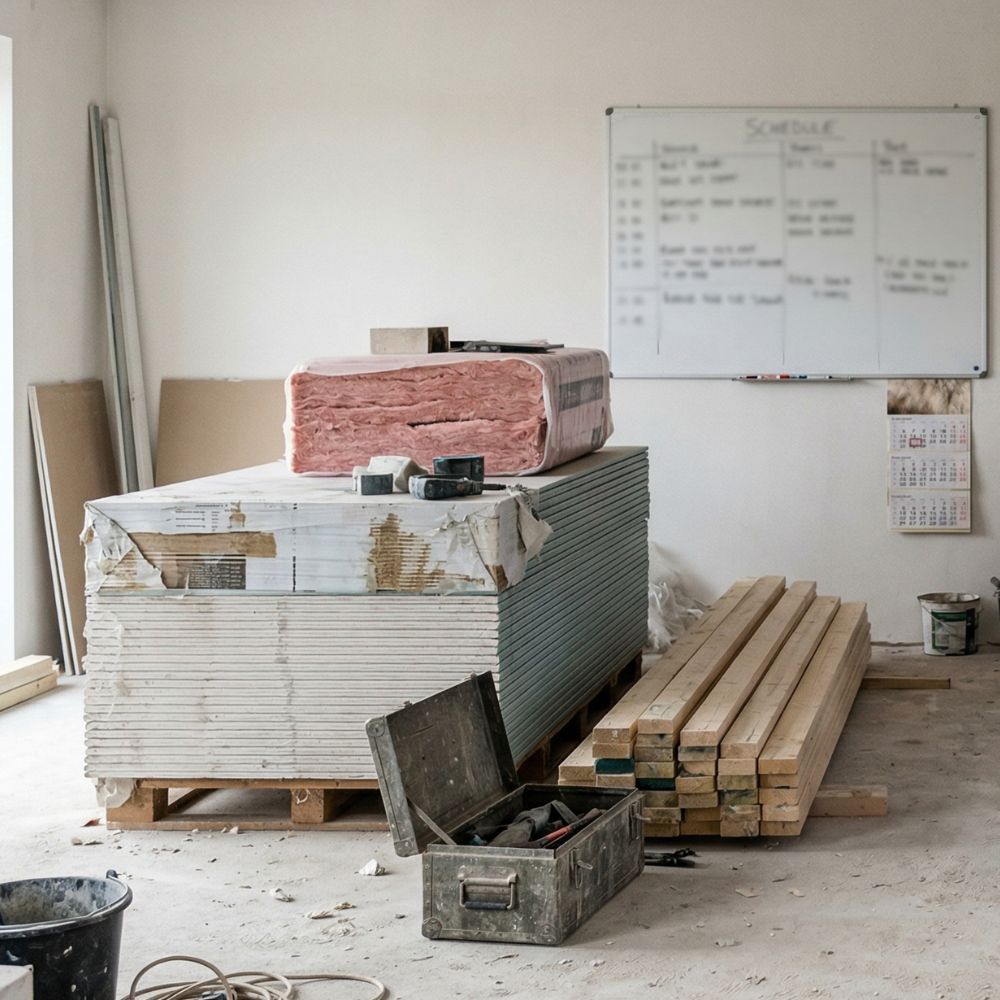 Byggematerialer stablet indendørs med gipsplader, isolering og træbjælker; værktøjskasse på gulvet.