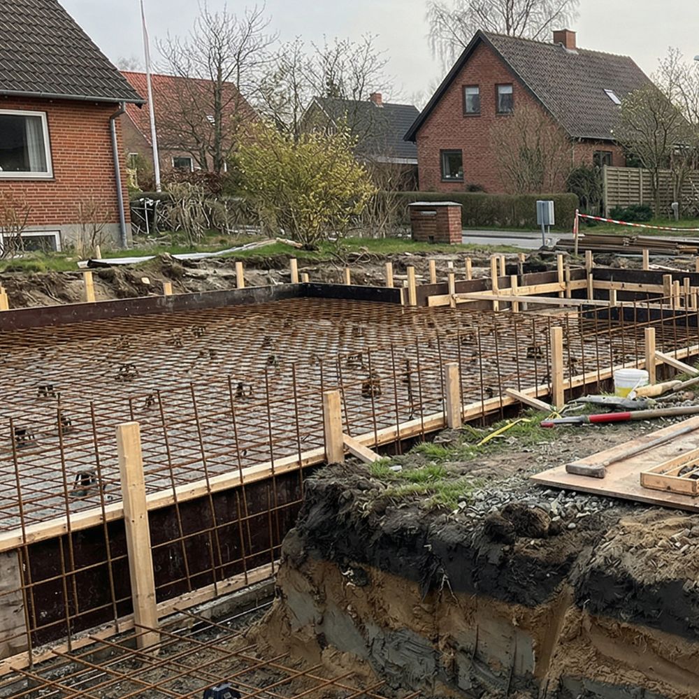 Armeringsnet og forskalling til støbning af husfundament på byggeplads i villakvarter.