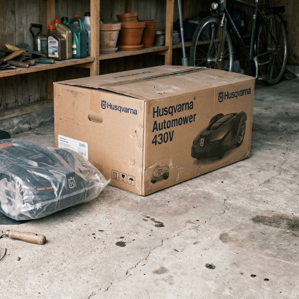 Kasse med Husqvarna Automower 430V står på gulvet i en garage med værktøj og cykel i baggrunden.