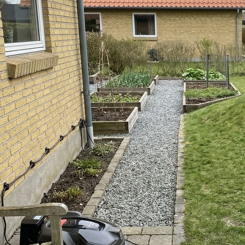 Grussti mellem højbedene i en have ved murstenshus, med grønt græs på højre side.