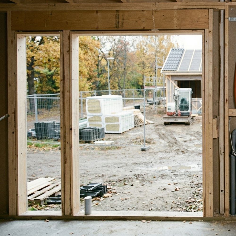 Træramme til stort vindue i byggeri; udenfor ses byggeplads med materialer og minigraver ved hus med solceller.