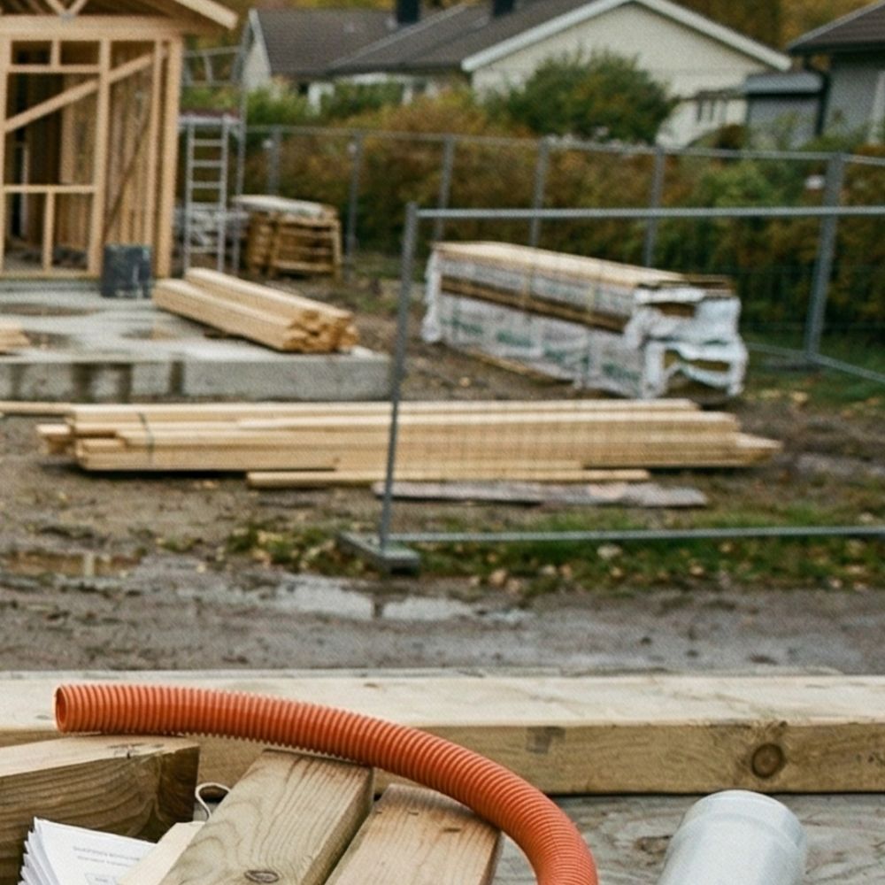 Byggeplads med træskelet og stabler af brædder bag byghegn; orange rør og plankestykke i forgrunden.