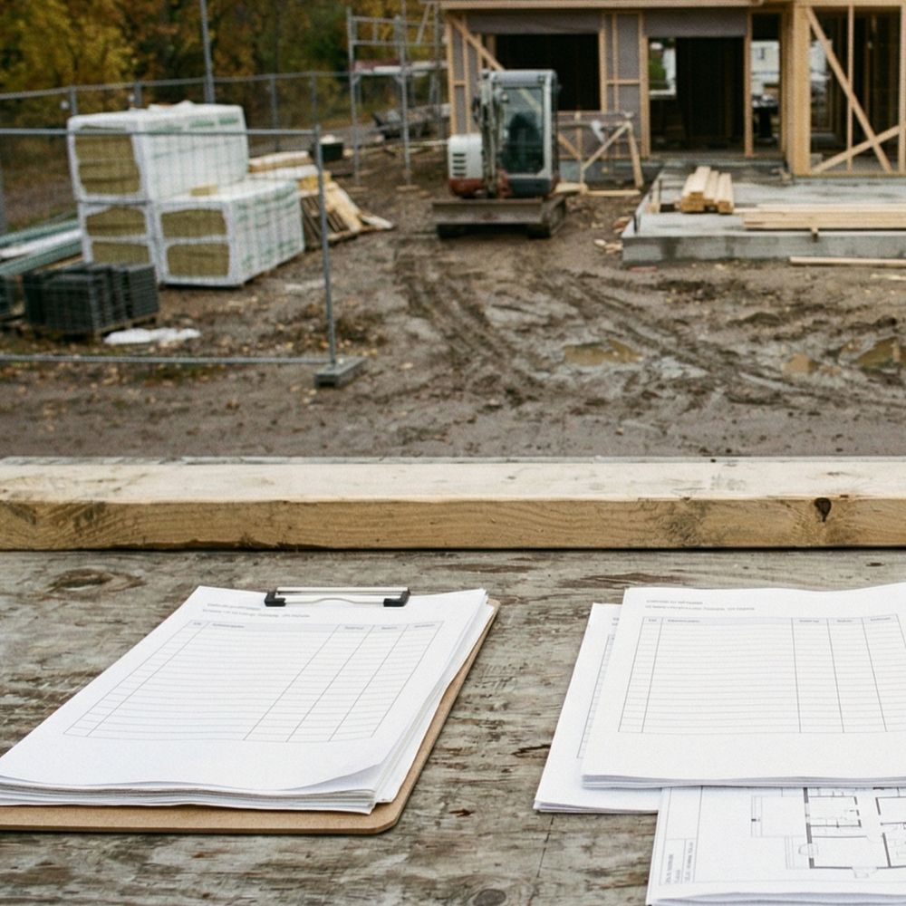 Byggeplads med trærammehus under opførelse; i forgrunden ligger byggeplaner og tjeklister på et bord.