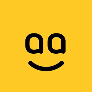 Black stylized happy face with eyes formed by two lowercase 'a's on a yellow background.