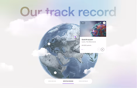 Digital globe with markers highlighting Covid-19 research in Lelystad, The Netherlands, under the heading 'Our track record'.