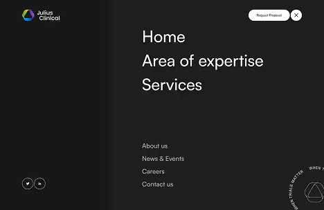 Website menu with Julius Clinical logo, navigation links including Home, Area of expertise, Services, About us, News & Events, Careers, Contact us, and a Request Proposal button.