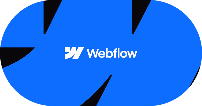 Webflow logo with stylized white 'W' and text on a blue geometric background.