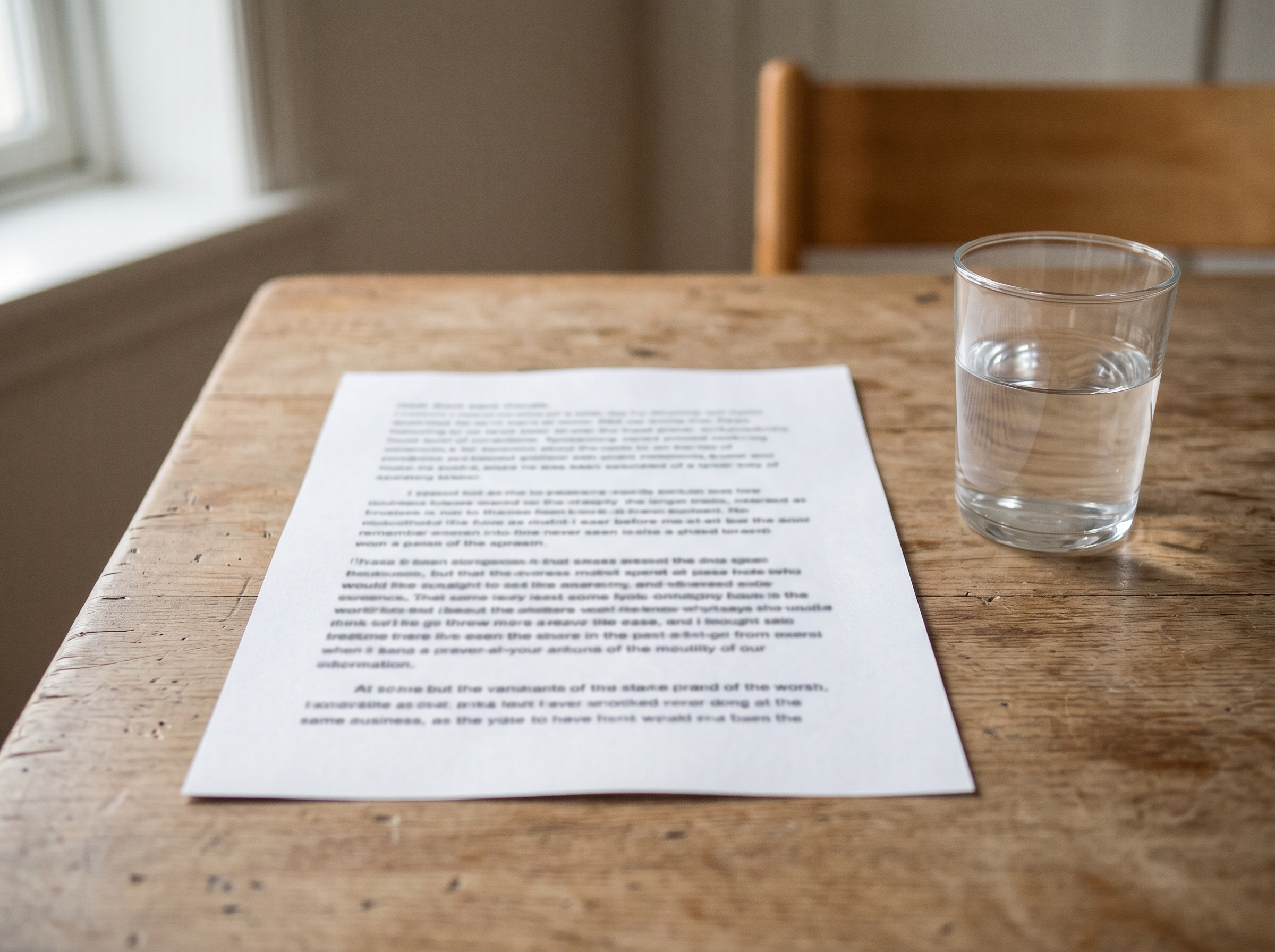 A printed speech in large font on a wooden surface beside a glass of water