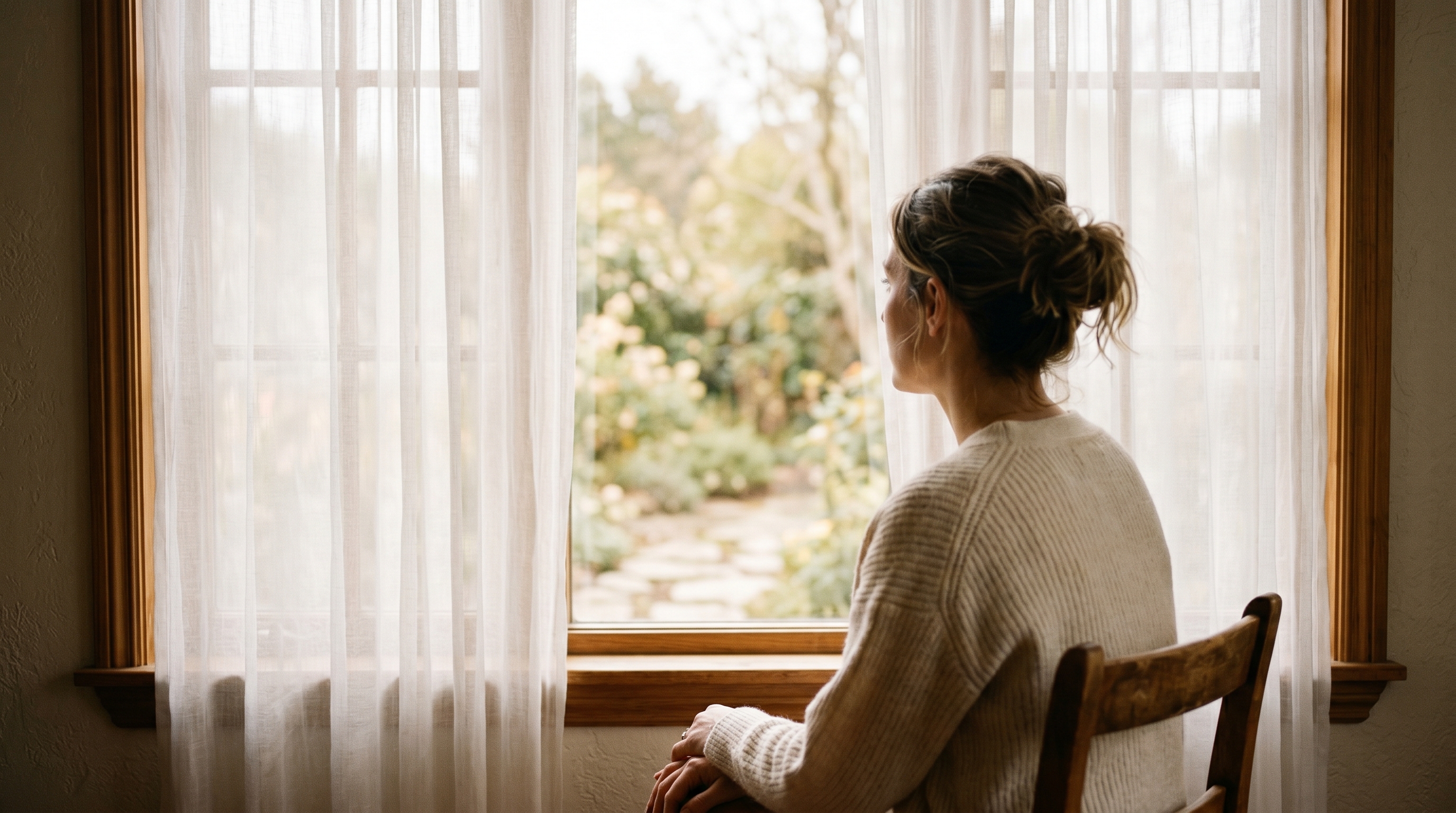 Person looking out a window with sheer curtains in soft daylight, quiet and reflective