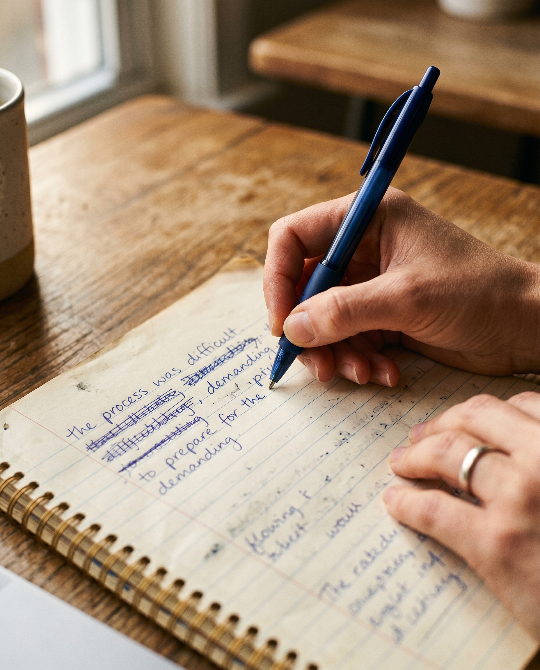 Close-up of a notebook page with handwritten lines in blue ink