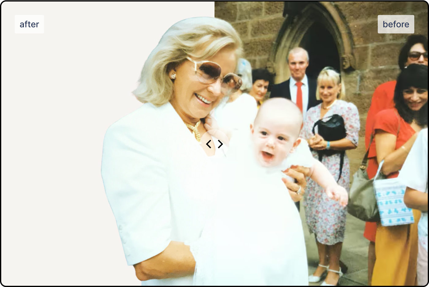 Before/after slider showing AI background removal: a woman holding a baby, with the crowd and church background erased