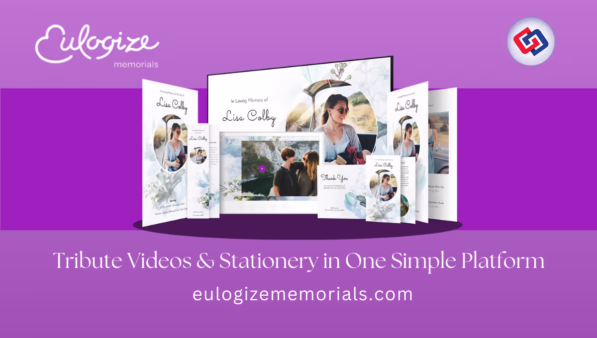 Eulogize x Connecting Directors cover graphic on purple background, showing sample tribute video and memorial card mockups