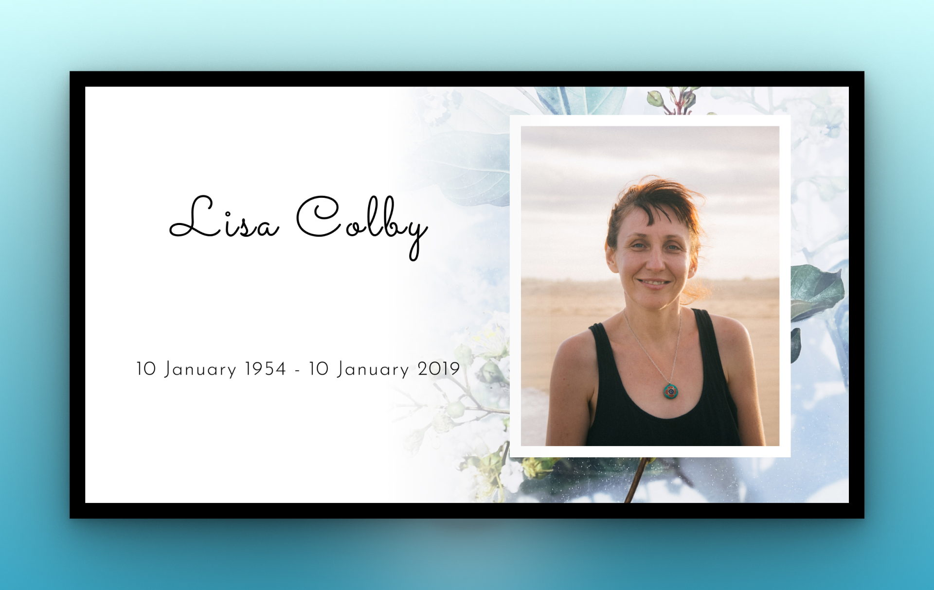 Widescreen memorial welcome slide displaying a name, dates, and portrait