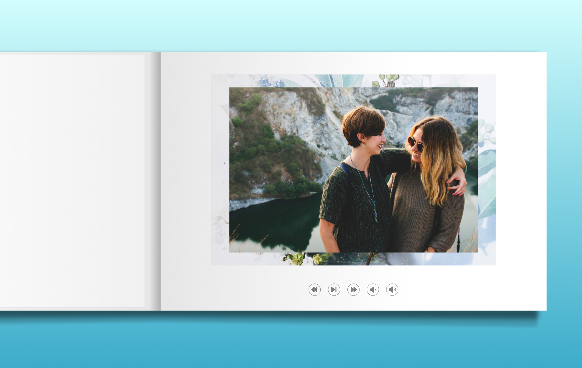 Open video book displaying a photo with on-screen playback controls