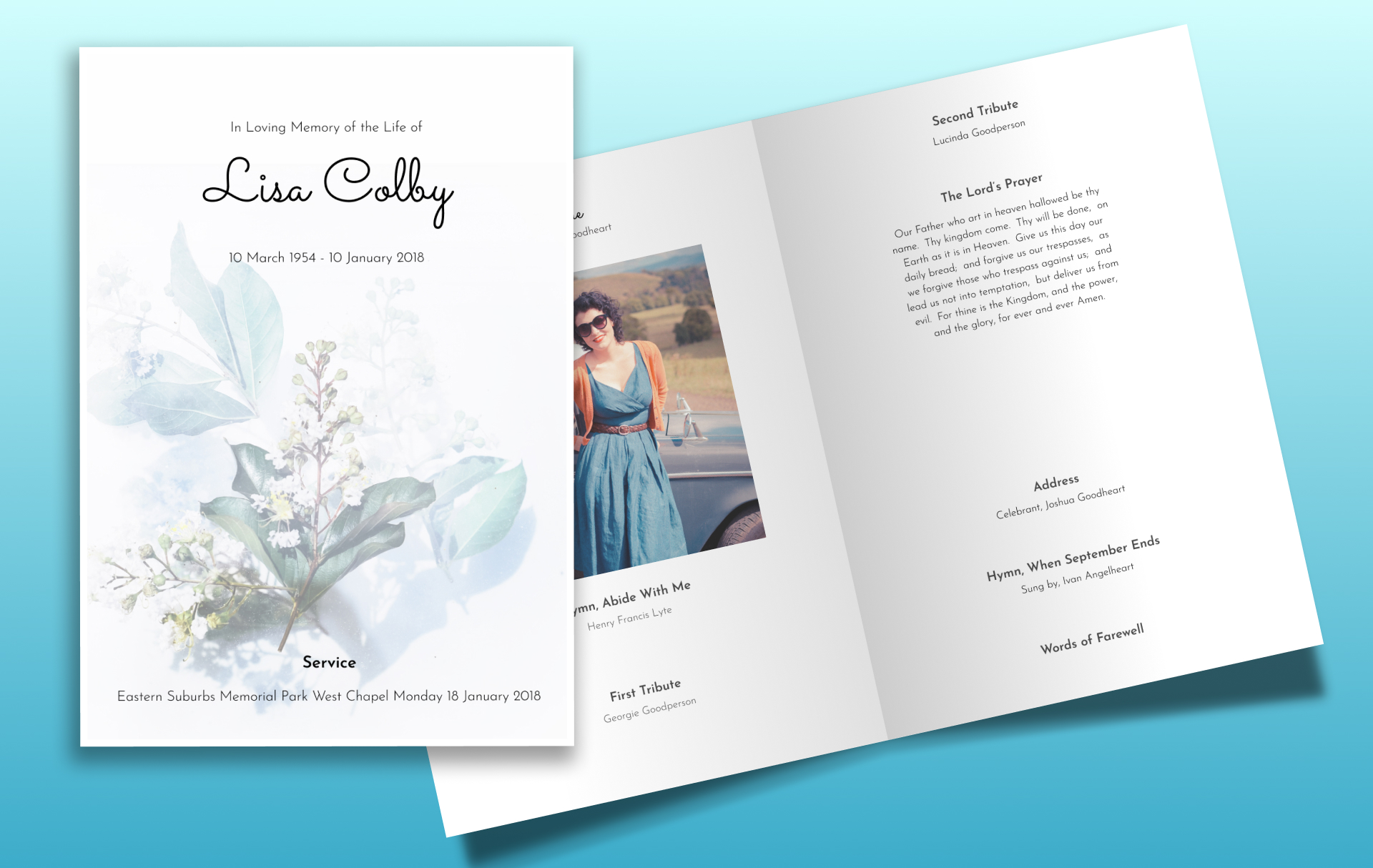 Folded funeral program cover and inside spread with hymn and tribute text