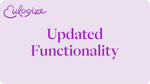Eulogize Updated Functionality announcement graphic in purple on lavender