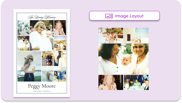 Editor screen showing a photo collage layout tool and memorial cover
