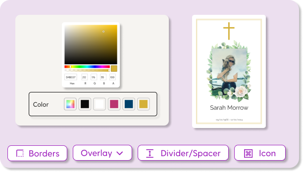 Editor color picker shown next to a memorial card preview