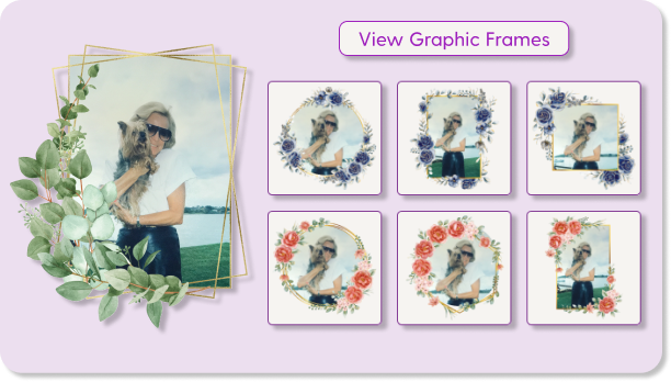 Editor showing floral graphic frame options around a portrait photo
