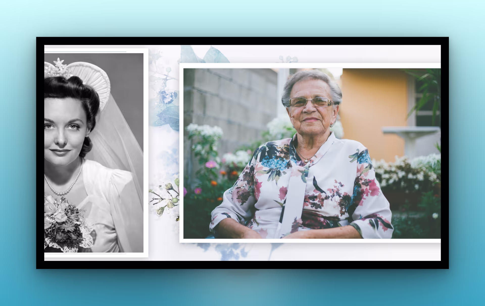 Aura theme preview of a memorial tribute video with framed photos
