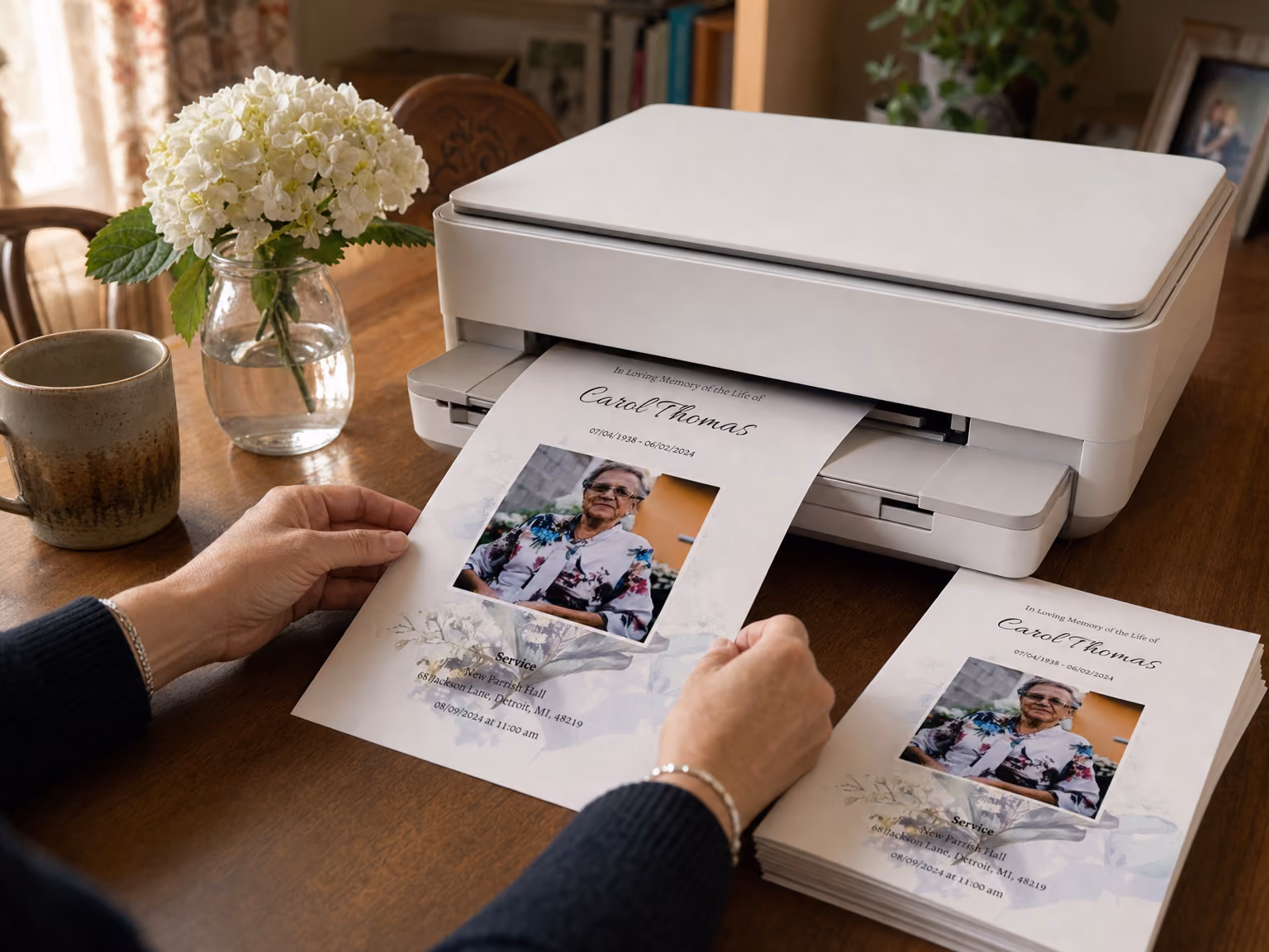 A woman printing memorial order of service programs on a home printer, with finished copies stacked beside it