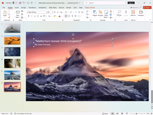 Microsoft PowerPoint editor showing a six-slide presentation and the standard ribbon controls.