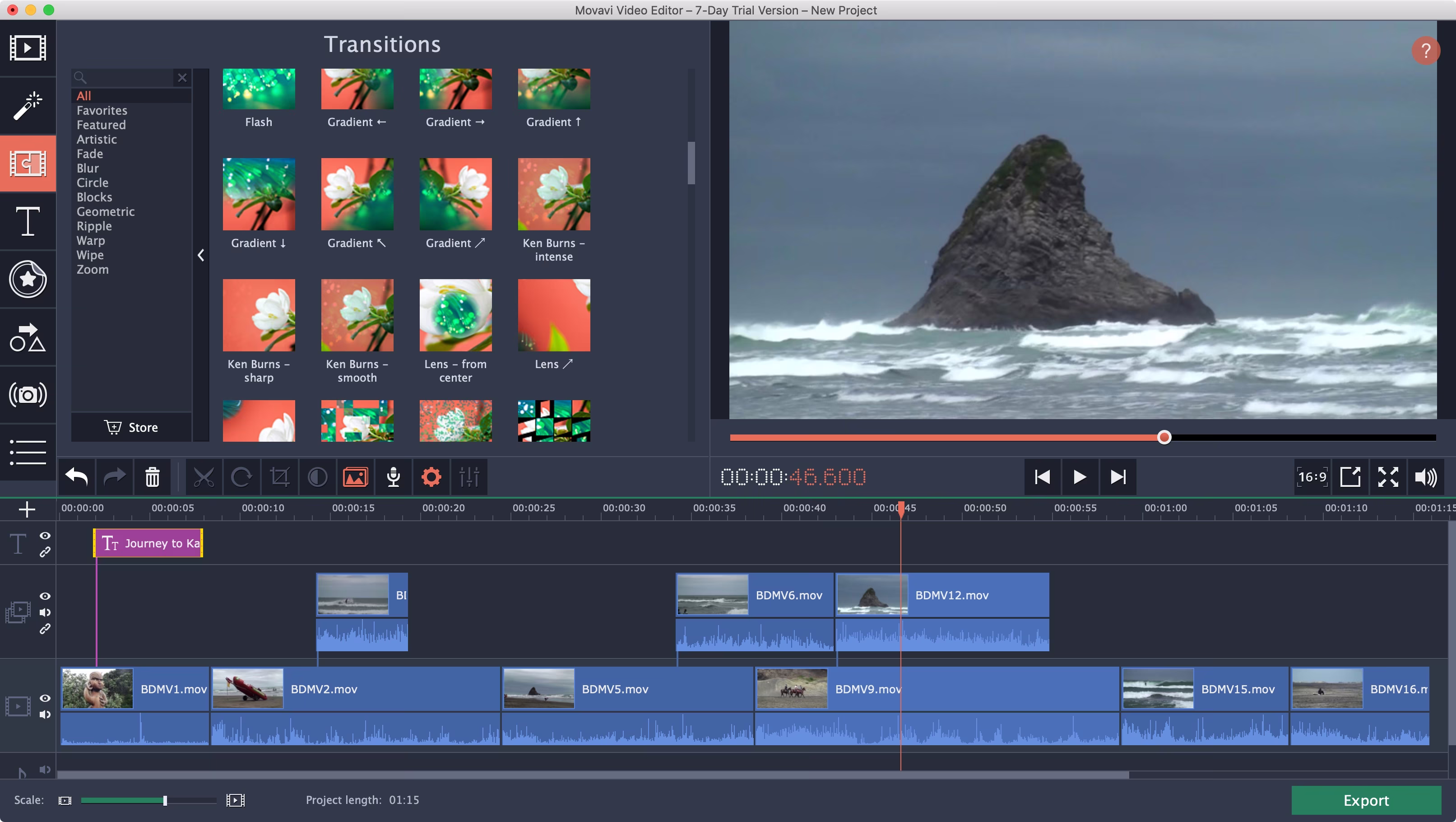 Movavi Video Editor desktop interface showing transitions, a preview window and a multi-track timeline.