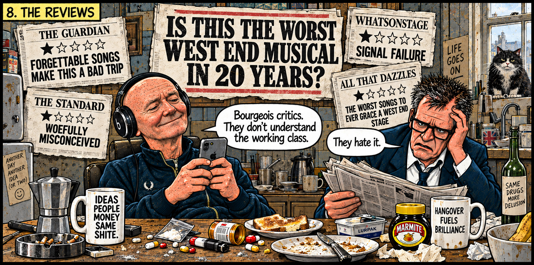 Panel 8: One-star reviews savage the musical; Welsh dismisses the reviewers as bourgeois critics.