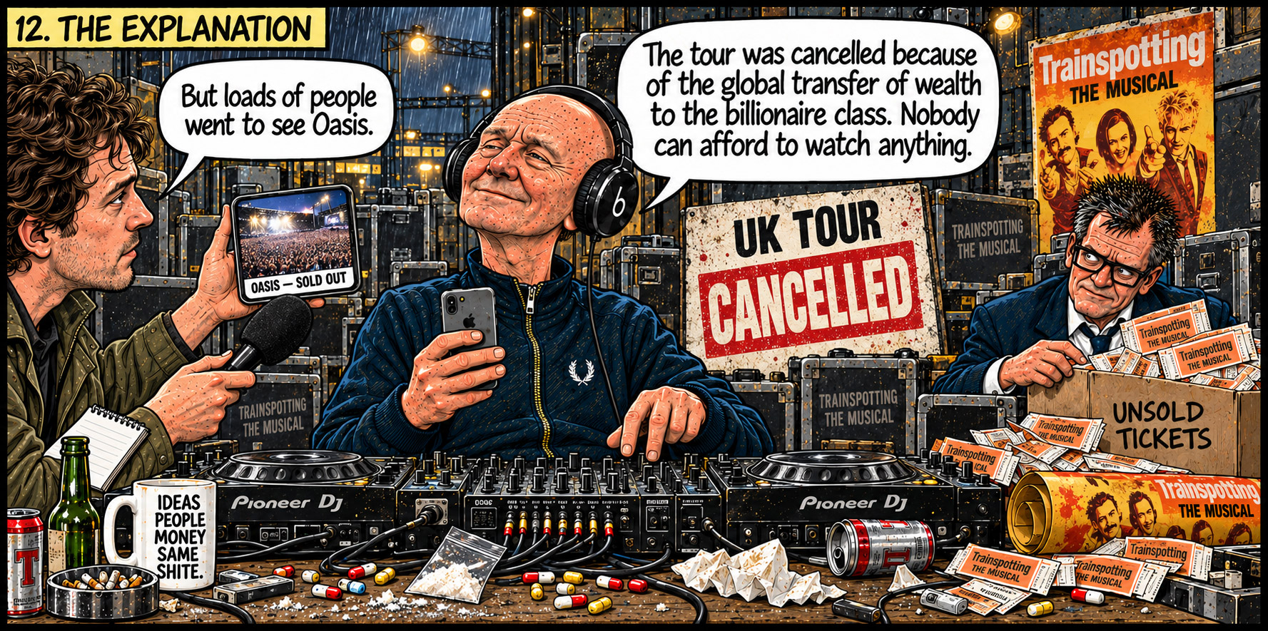 Panel 12: Welsh blames global wealth transfer for the cancelled tour while a journalist mentions the crowds for Oasis.