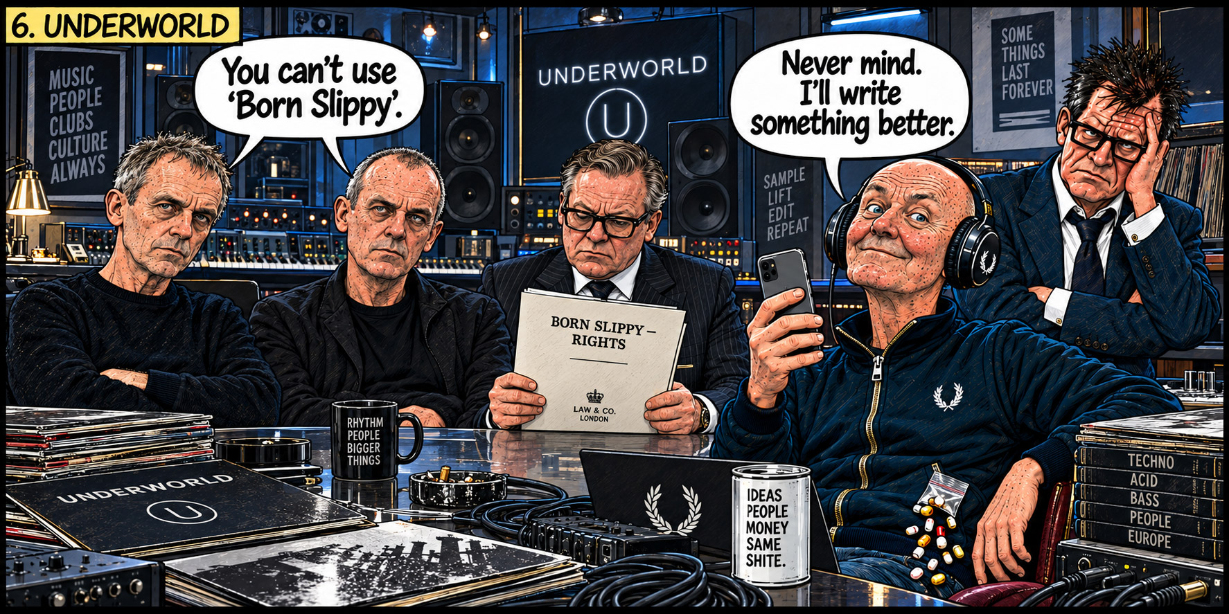 Panel 6: Underworld refuse permission to use Born Slippy; Welsh says he will write something better.