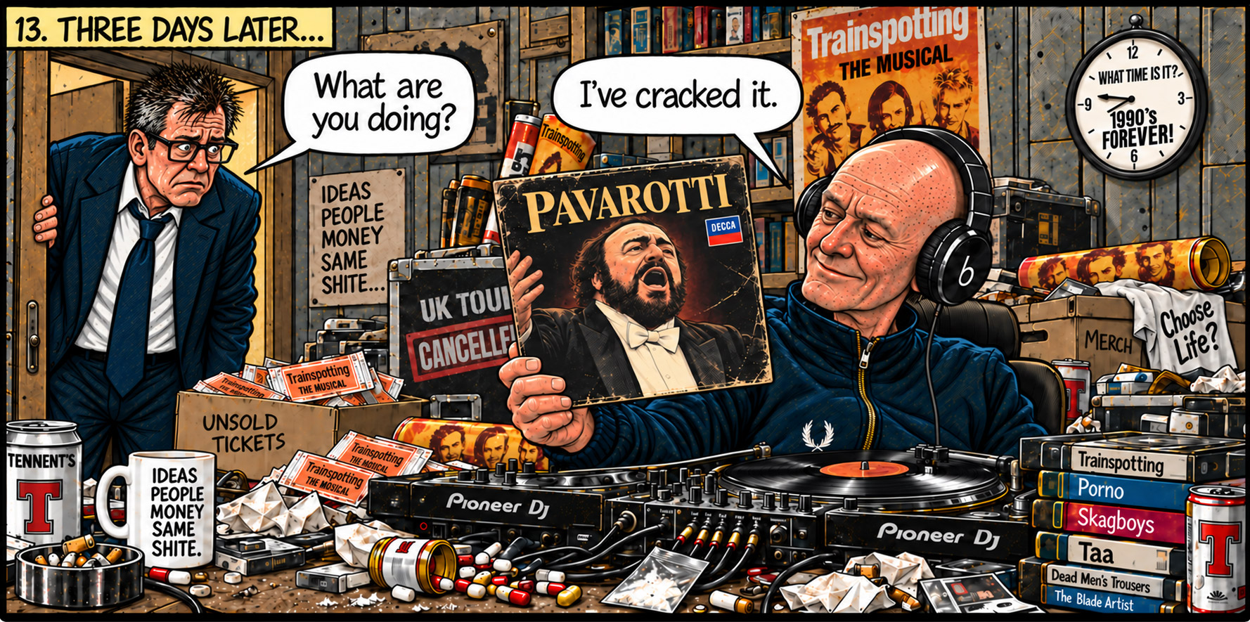 Panel 13: Three days later, Welsh listens to Pavarotti and tells his alarmed agent that he has cracked it.