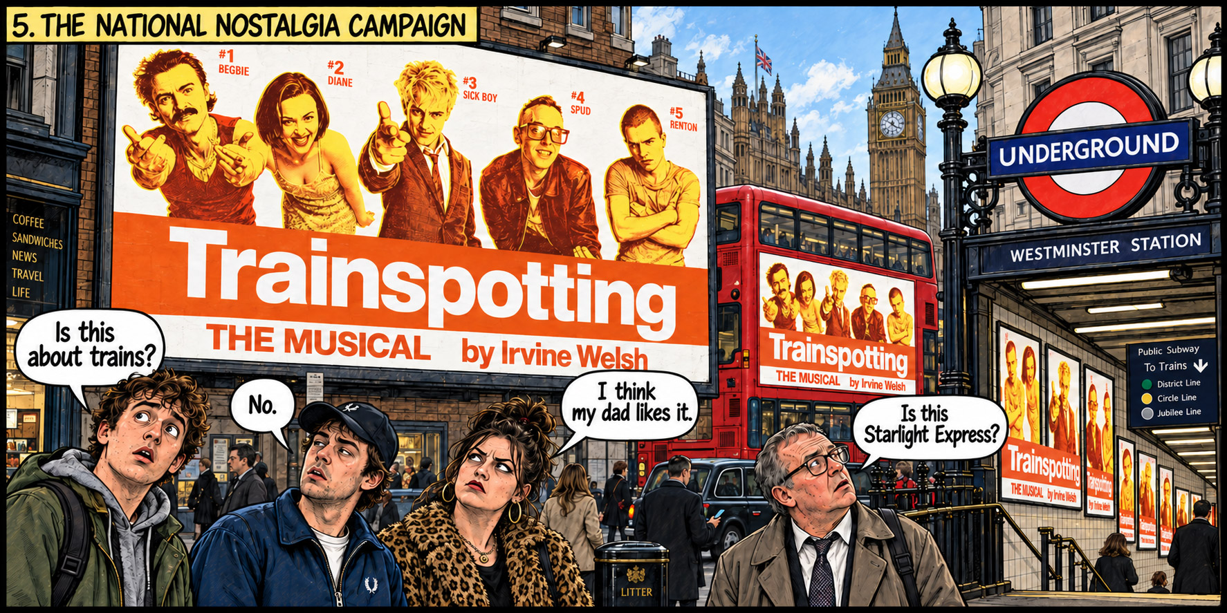 Panel 5: Trainspotting musical adverts cover London while members of the public react with confusion.