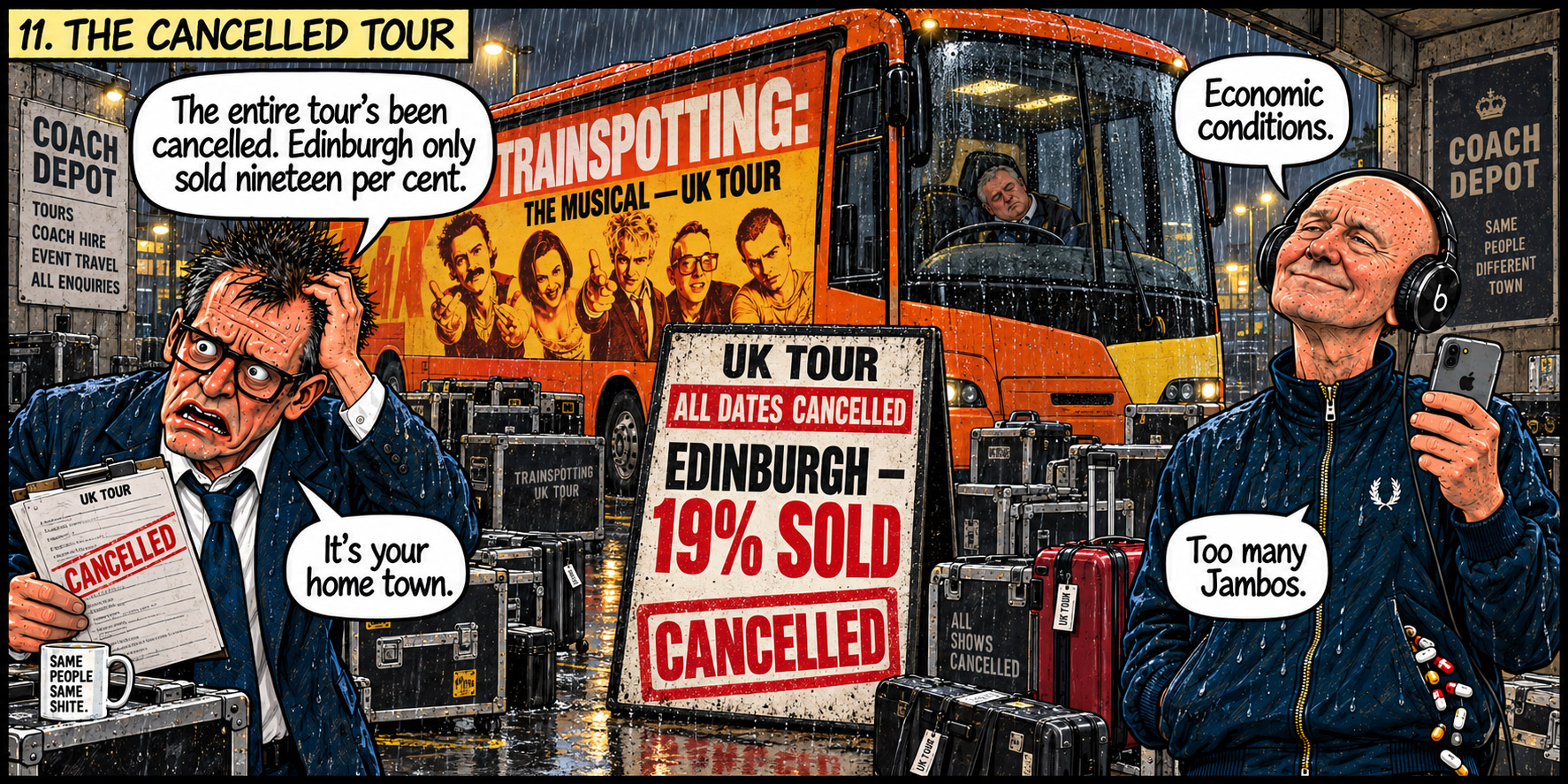 Panel 11: The tour is cancelled after Edinburgh sells nineteen per cent; Welsh blames too many Jambos.