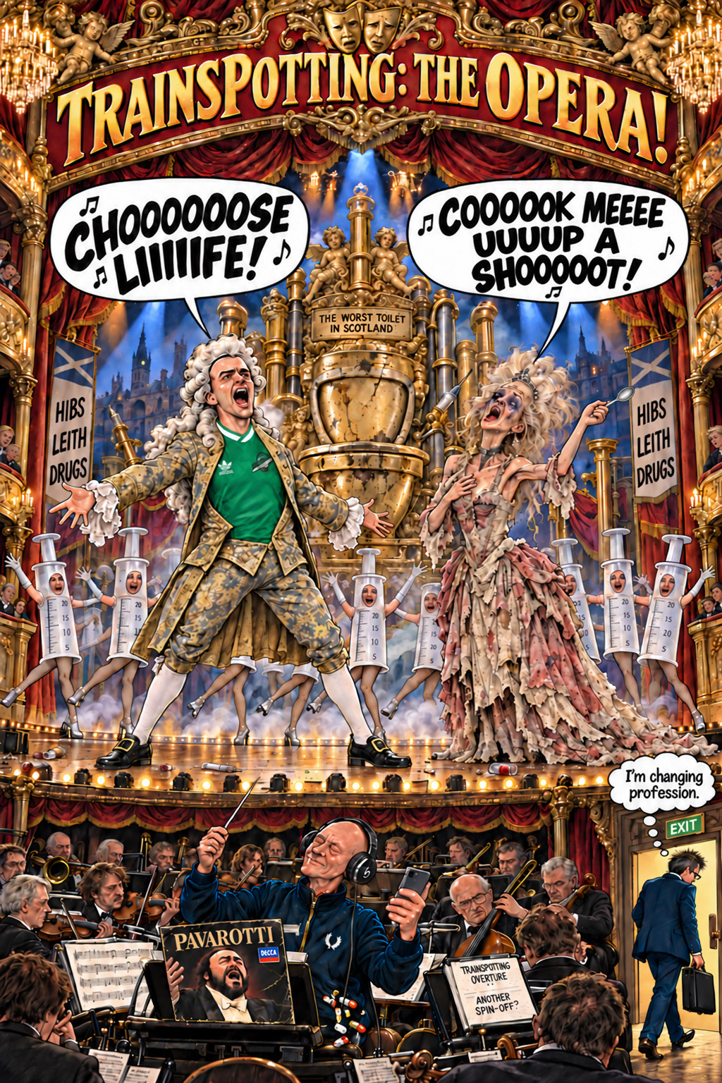 Finale: Trainspotting the Opera erupts on a gilded toilet stage while Welsh conducts and his agent leaves the profession.