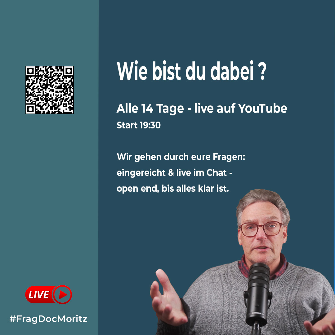 Drei quadratische Grafiken zur offenen FragDocMoritz-Fragerunde: Übersicht über das Format, Hinweise zur Teilnahme alle 14 Tage live auf YouTube und Anleitung zum Mitmachen mit Frageeinreichung. Auf jeder Grafik ist Peter Moritz rechts im Bild zu sehen.