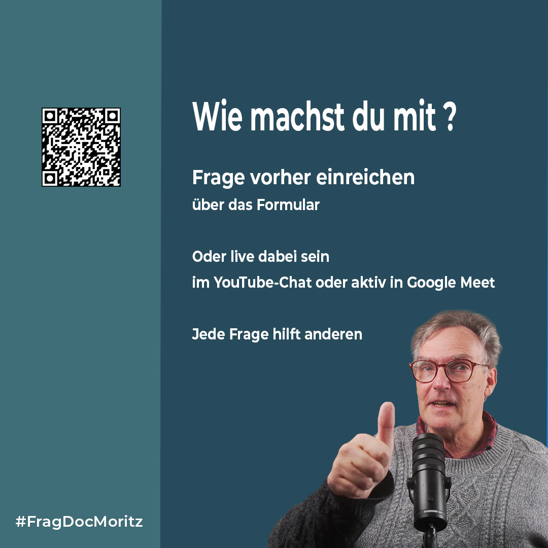 Drei quadratische Grafiken zur offenen FragDocMoritz-Fragerunde: Übersicht über das Format, Hinweise zur Teilnahme alle 14 Tage live auf YouTube und Anleitung zum Mitmachen mit Frageeinreichung. Auf jeder Grafik ist Peter Moritz rechts im Bild zu sehen.