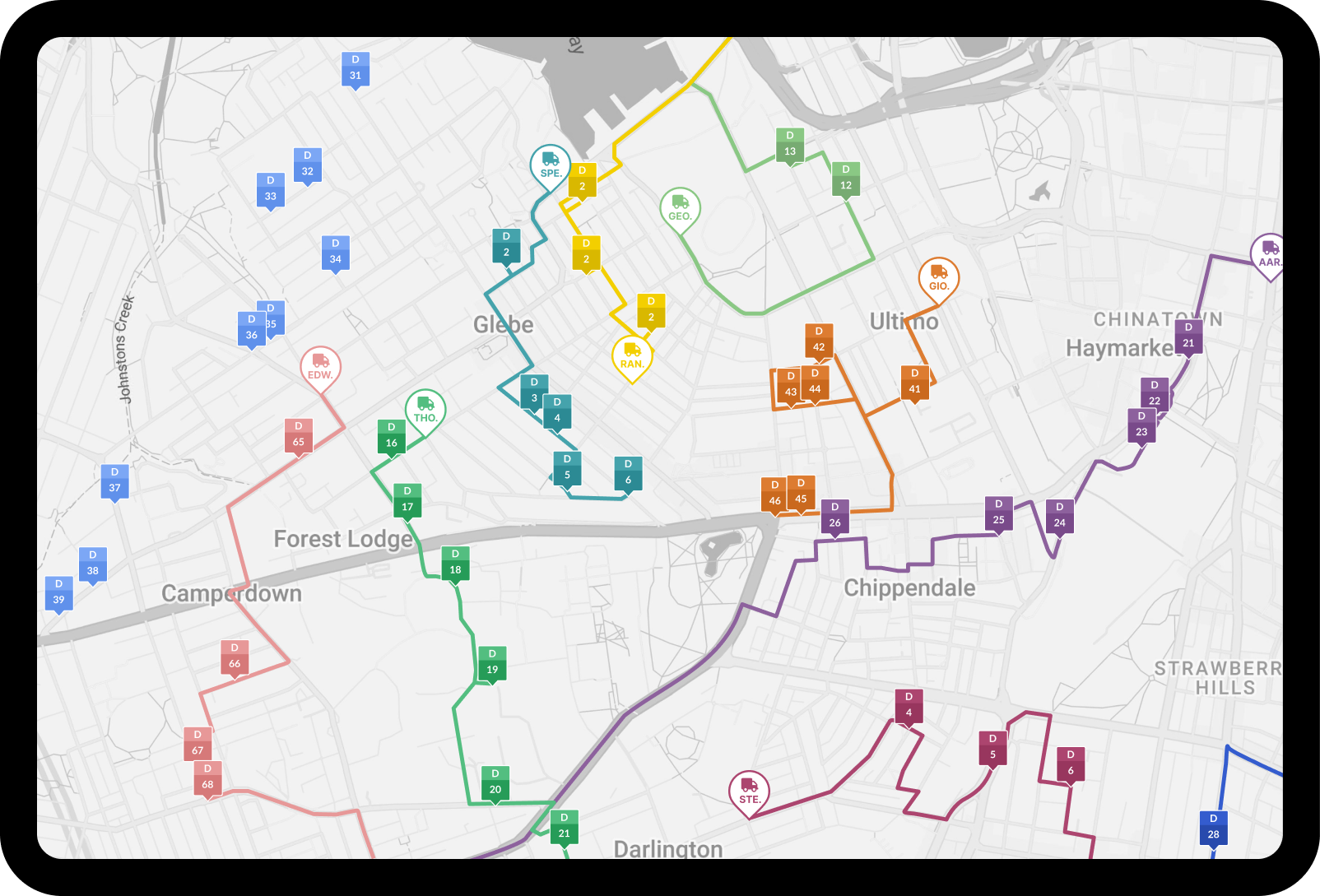 A colour-coded map showing multiple, well-organised delivery routes through neighbourhoods in Sydney.