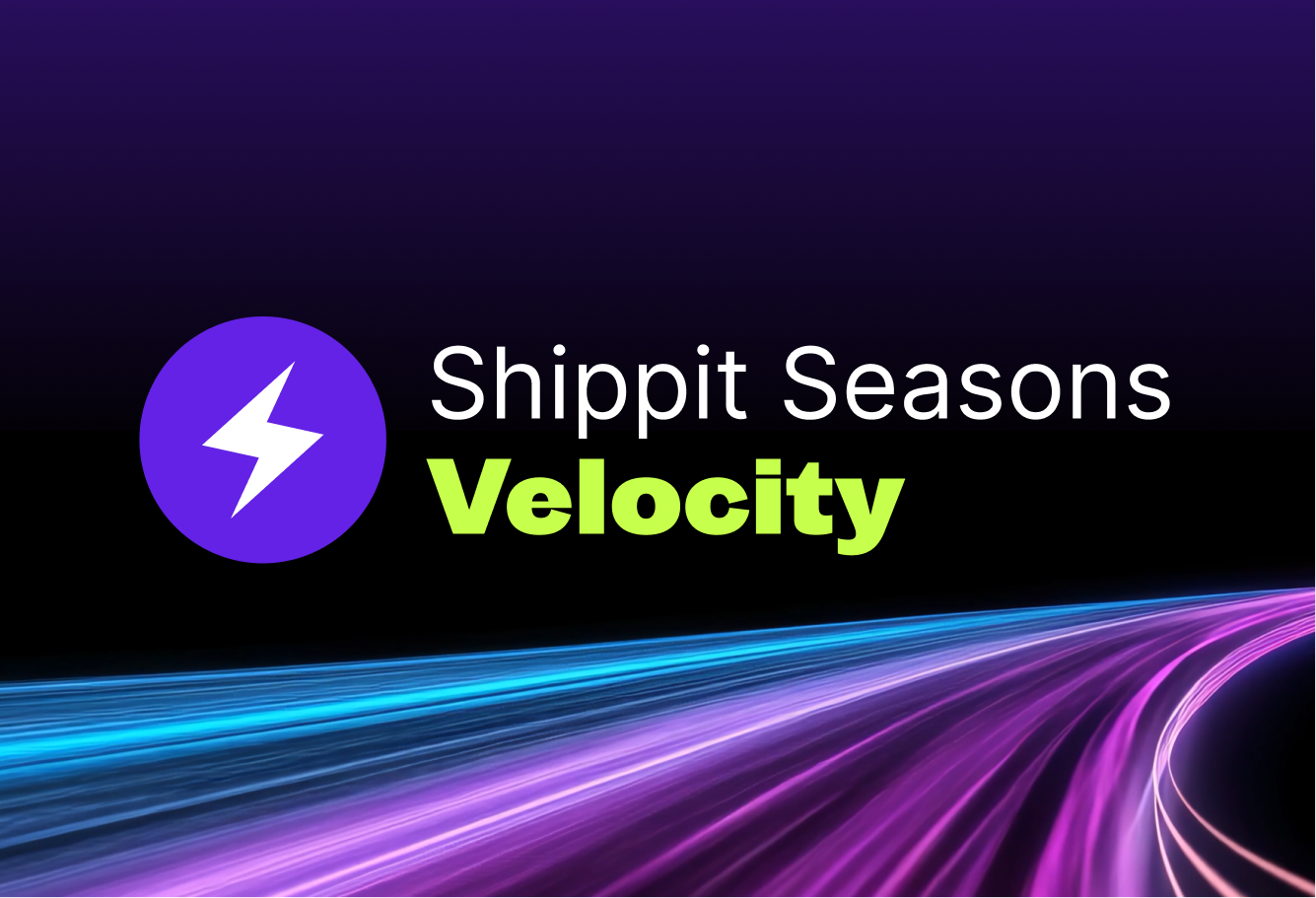 Purple lightning bolt icon beside the headline “Shippit Seasons: Velocity”, set on a dark background with flowing blue and purple light trails that evoke speed and fast delivery.