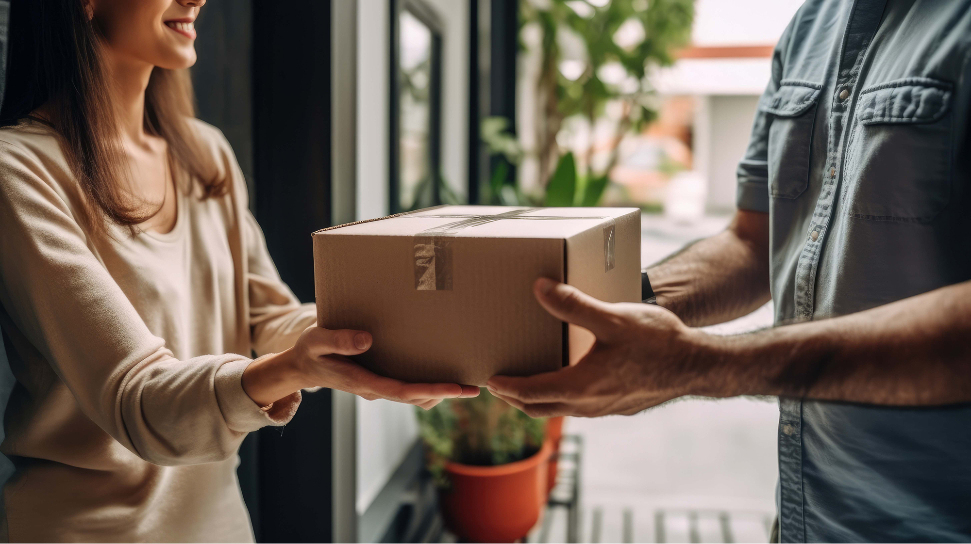 Delivery driver handing a cardboard parcel to a customer at their front door.