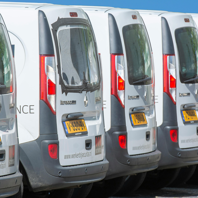 A row of white delivery vans parked side by side in a parking lot, viewed from the rear.
